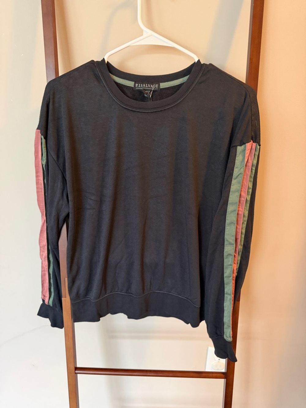 P.J. Salvage Black Sweatshirt with Pink & Sage Side Stripes